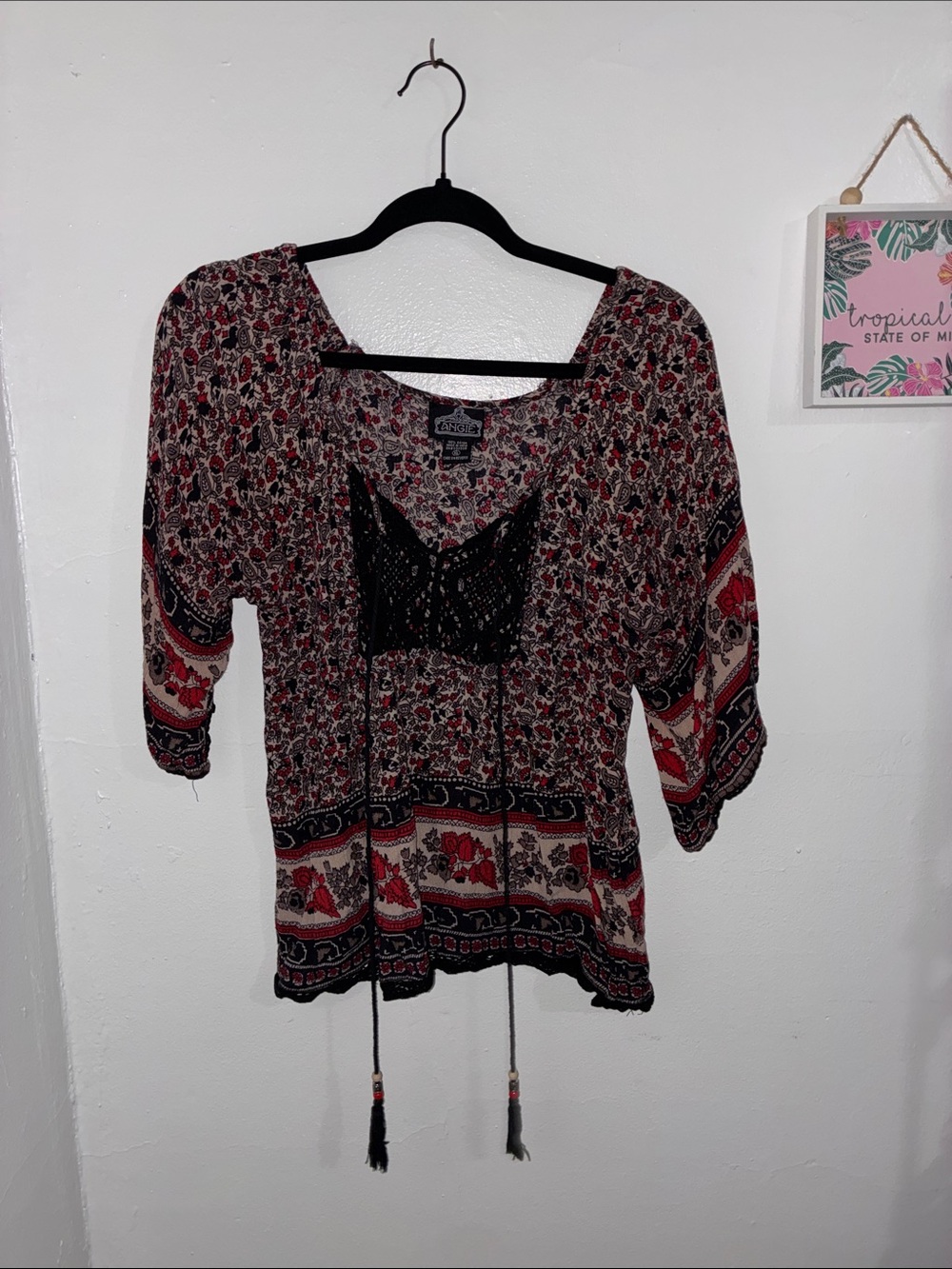 Angie Lace Yoke Lace-Up Long Sleeve Top - Burgundy Wine